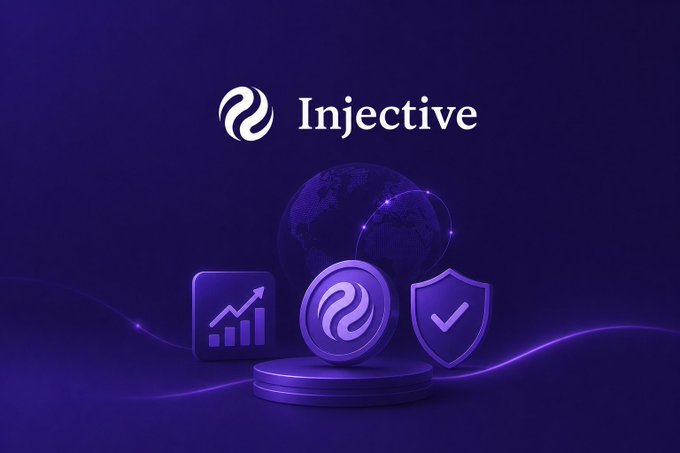 A purple promotional graphic for 'Injective' featuring its logo, a globe, a rising chart icon, and a security shield icon against a dark background.