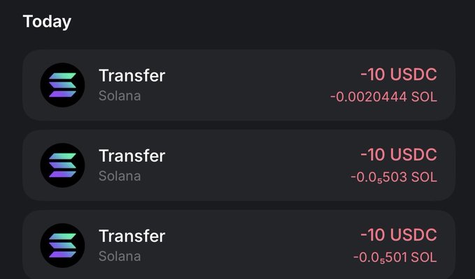The image shows a transaction history on the Solana network displaying three transfers, each of -10 USDC plus small SOL network fees (approximately -0.002, -0.503, and -0.501 SOL), visually confirming the $10 airdrops sent to three recipients.