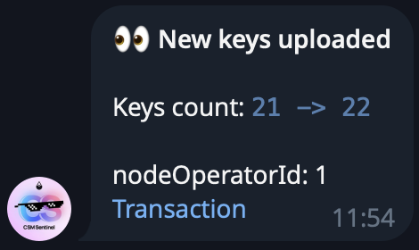 A notification from CBMSentinel displays "New keys uploaded" for Lido Finance's Community Staking Module, showing the validator key count increasing from 21 to 22 with a timestamp of 11:54. The image directly corresponds to the post announcing the upload of an additional validator key to Lido's CSM.