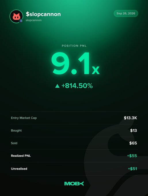The image displays a Moby Mobile position summary for trader "@slopcannon" dated Sep 26, 2026, showing a realized 9.1x Position PnL of +814.50%, with an entry market cap of $13.3K, $13 bought, $65 sold, +$55 realized PnL, and +$51 unrealized. The graphic celebrates the winning trade mentioned in the caption, visually confirming the +814.50% gain on the $slopcannon position as the token's market cap grew from $13.3K to over $275K.