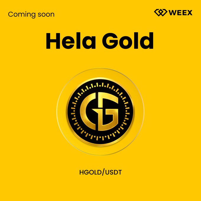 The image features a yellow background with black text that reads "New Listing Alert on #WEEX We're excited to announce the PreListing of $HGOLD @HerogenaHQ on WEEX!". The text also includes the website "weex.com/help/articles".