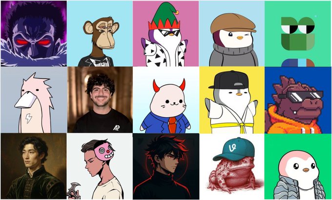 A collage of fifteen NFT-style profile pictures featuring various characters including apes, birds in different outfits, a man, a devil cat, and other stylized figures.