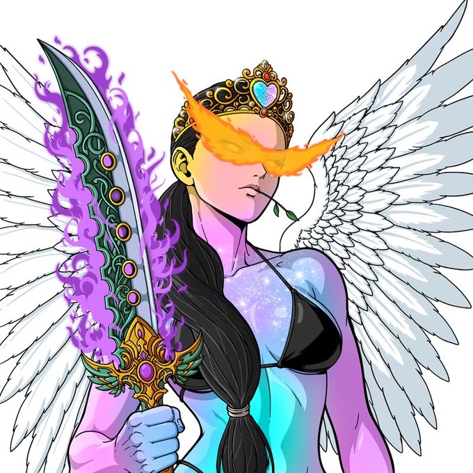 A digital illustration of a winged warrior woman with a crown, glowing orange visor covering her eyes, holding an ornate sword with a green blade wrapped in purple flames.