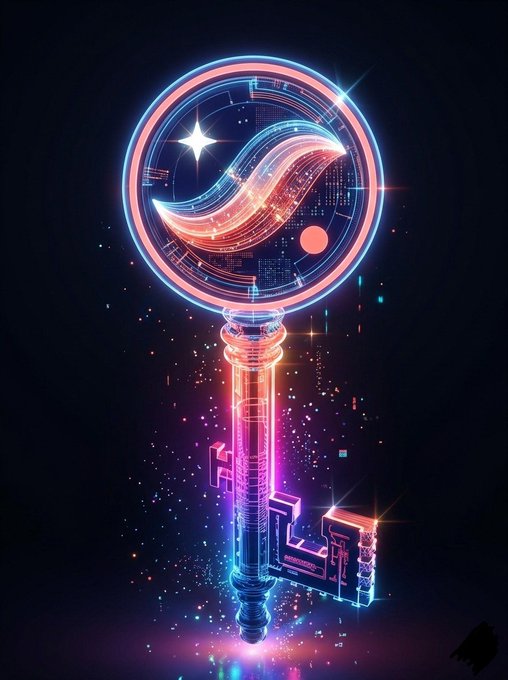 A vibrant, neon-lit digital illustration of a key with a crescent moon design on its headpiece, glowing in pink, blue, and orange against a dark background with sparkling particles.