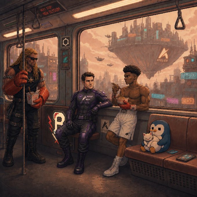 Three fighters and a costumed penguin mascot share a subway car overlooking a cyberpunk skyline marked with "NEXT STOP: NEW ELYSIUM" and "ATELIER," visually echoing the post's theme of an emerging champion ("Dragon No. 2") rising within an undervalued $claw ecosystem alongside tokens like $squire, $kai, $hunter, and $P (Pengu).