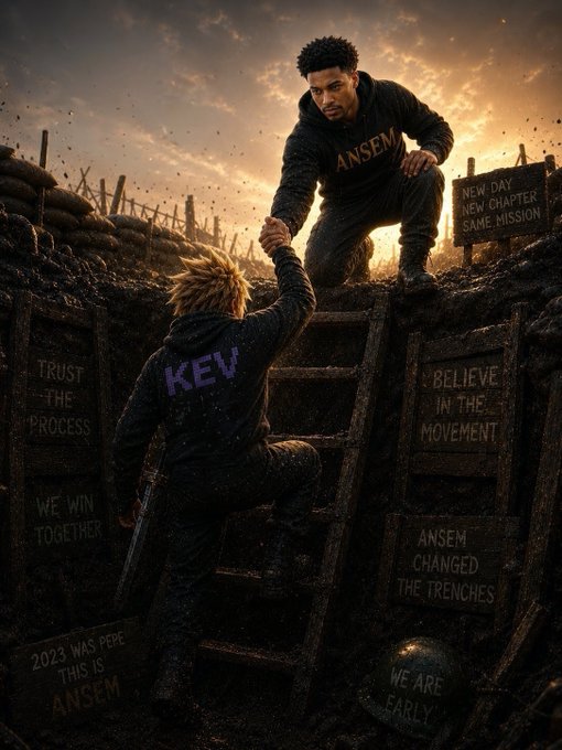 A cinematic, war-torn trenches scene shows a figure labeled "ANSEM" reaching down a wooden ladder to pull up another figure labeled "KEV," surrounded by motivational signs reading "TRUST THE PROCESS," "WE WIN TOGETHER," "BELIEVE IN THE MOVEMENT," "NEW DAY NEW CHAPTER SAME MISSION," "ANSEM CHANGED THE TRENCHES," "2023 WAS PREP THIS IS ANSEM," and "WE ARE EARLY." The image visually symbolizes the post's message of ANSEM reviving the crypto trenches and helping traders escape the grind of losses.