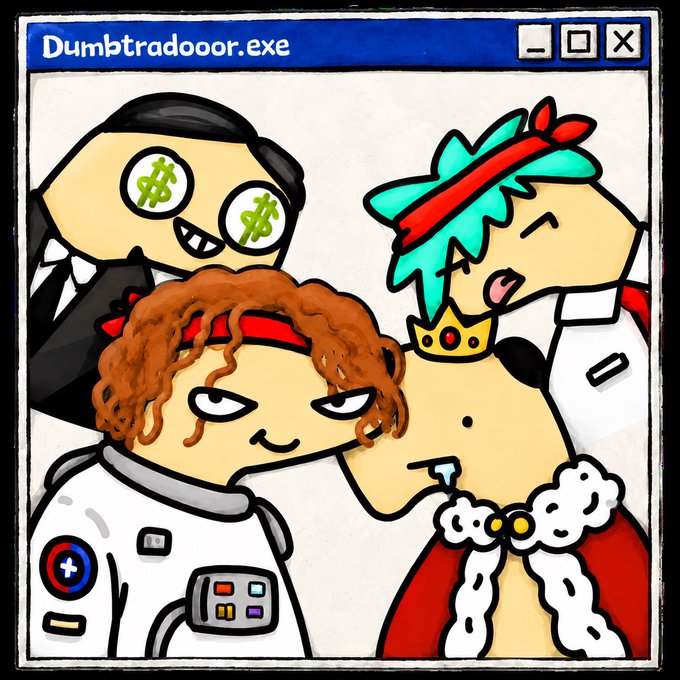 A cartoon window titled "Dumbtradoor.exe" shows three characters: a vampire with dollar signs for eyes, a woman in an astronaut suit, and a king wearing a crown with green hair.
