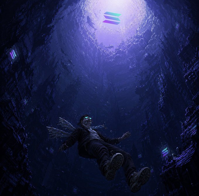 A stylized digital artwork showing a man in a suit floating in a deep, dark blue cavern-like space with a Solana logo glowing at the top.