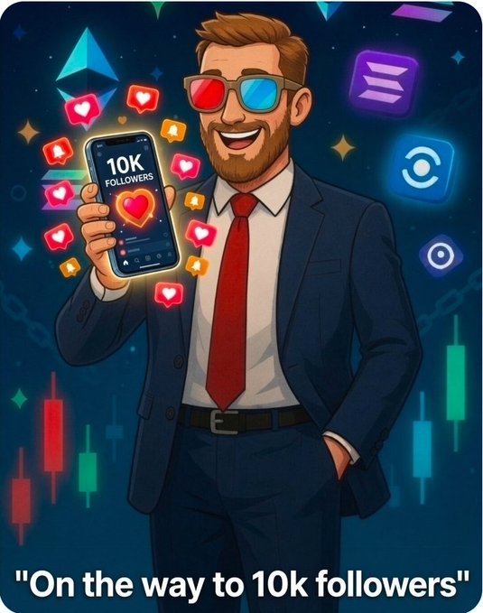 The image features a cartoon-style man in a suit and 3D glasses proudly holding up a phone displaying "10K FOLLOWERS" surrounded by floating social media engagement icons like hearts and notifications. The caption at the bottom reads "On the way to 10k followers," celebrating the milestone while tagging @River4fun, @RiverdotInc, the $RIVER token, @TGCasino_, and $TGC, aligning the achievement with the promotion of these crypto and gaming-related accounts.