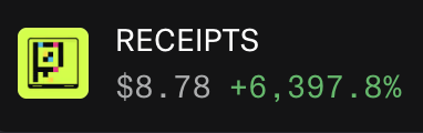 The image displays "RECEIPTS" with a price of $8.78 and a percentage gain of "+6,397.8%" in green text against a black background, showing a celebratory stock meme format. It relates to the post "Lets make it +20,000%" as a visual representation of impressive percentage gains being shared in typical meme stock community style.