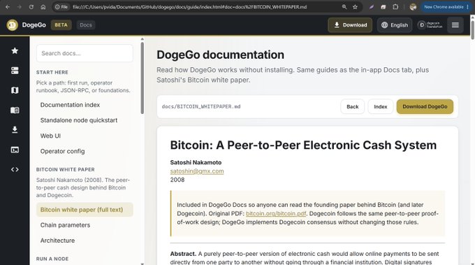 A screenshot of the DogeGo documentation website showing Satoshi Nakamoto's 2008 Bitcoin white paper titled "Bitcoin: A Peer-to-Peer Electronic Cash System" (file: docs/BITCOIN_WHITEPAPER.md), demonstrating that the DogeGo app includes educational resources like Satoshi's foundational paper to help users understand blockchain technology.