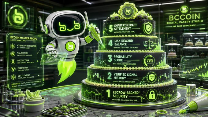 A digital illustration titled "BCCOIN DIGITAL PASTRY STUDIO" featuring a robot mascot next to a five-tier cake labeled with "Escrow-Backed Security," "Verified Signal History," "Probability Score," "Risk-Reward Balance," and "Smart Contract Settlement," with a sidebar listing a "BCCOIN Master Recipe" including Hybrid Intelligence, Validation, Protection, Execution, and Settlement.