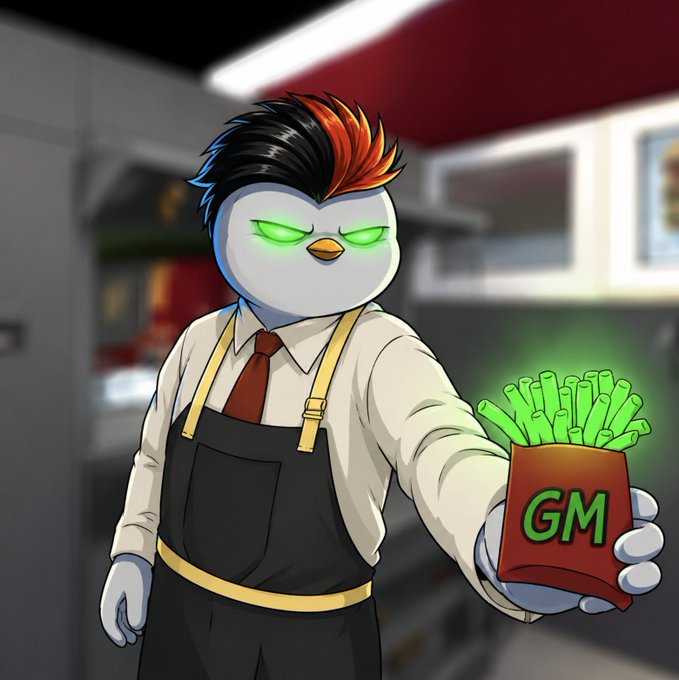 An anime-style penguin character with glowing green eyes and a red-tipped hairstyle offers a box of french fries labeled 'GM'.