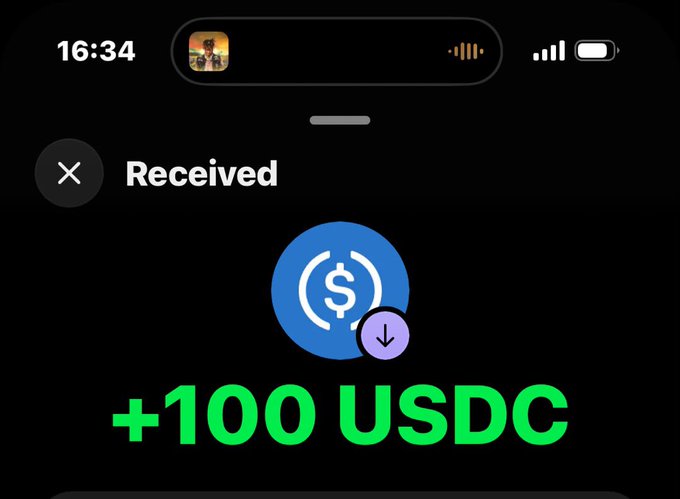 The image shows a mobile notification screen confirming a receipt of "+100 USDC" (USDC cryptocurrency) with a USDC logo and downward arrow indicating a received transaction. This aligns with the post's message, visually reinforcing the claim of receiving $100 daily, literally depicting "$100 everyday" coming in.
