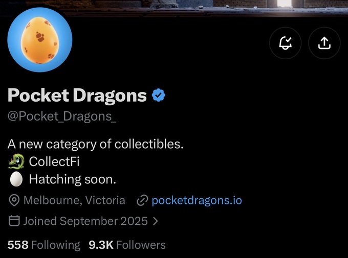 An X (formerly Twitter) profile page for "Pocket Dragons" (@Pocket_Dragons_) shows a yellow egg avatar, describes itself as "A new category of collectibles" with "CollectFi Hatching soon," and indicates it joined September 2025.
