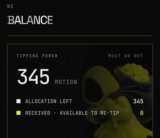 A dark-themed digital interface displays a "BALANCE" screen showing 345 MOTION tipping power with a "MUST GO OUT" call-to-action, featuring a hooded figure illustration in olive green tones, likely promoting a tipping campaign offering 100 $MOTION tokens to the first 5 users who vouch for the poster.