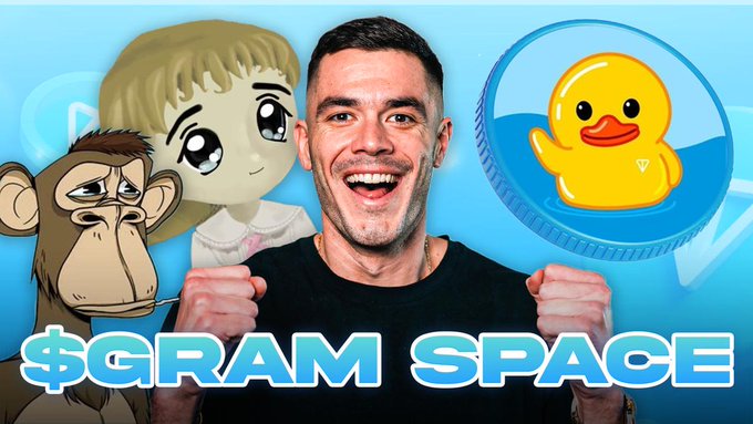 A man excitedly clenches his fists in front of a blue background featuring cartoon illustrations of a bored-looking monkey, a blonde character, and a yellow duck coin, with "$GRAM SPACE" displayed prominently below. The image, paired with a teaser about an upcoming stream, suggests he is hyping a major $GRAM Space-themed livestream event.