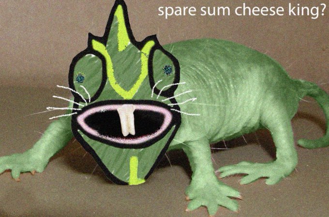 A green hairless cat with a cartoon-style pink and black mask or visor drawn over its face, captioned 'spare sum cheese king?' in the upper right corner.