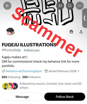 Instagram profile screenshot for 'FUGEJU ILLUSTRATIONS' (@FuchuGeiju) marked as a scammer in red text overlay, advertising commissions via a behance link.