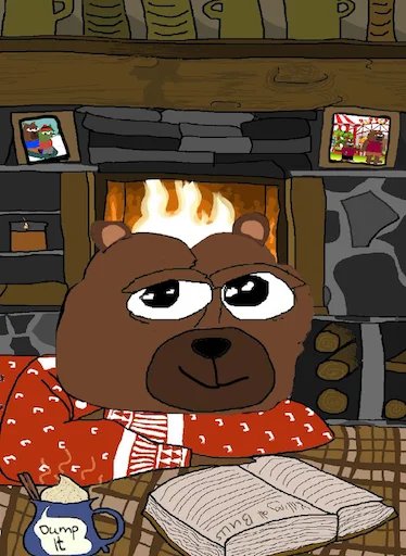 A cartoon illustration of a sad-looking brown bear wearing a red and white sweater, sitting by a fireplace with a mug labeled "Dump it" and an open book titled "Trump's Crimes."