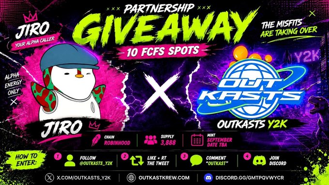 A neon-colored promotional graphic for a "PARTNERSHIP GIVEAWAY" of "10 FCFS SPOTS" featuring a snowman mascot named "JIRO" and the "OUTKASTS Y2K" logo, with instructions to follow, like, comment, and join Discord.