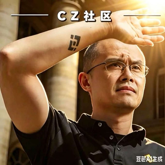 A digitally edited image of Changpeng Zhao (CZ) shielding his eyes from the sun, featuring the text 'CZ 社区' and the Binance logo.
