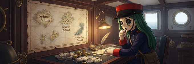 Anime-style illustration of a green-haired character in a naval-style uniform and cap, sitting at a desk covered in gold coins with a map showing 'Solana Island,' '10,000x Island,' and 'Trenches Island' pinned to the wall behind them.