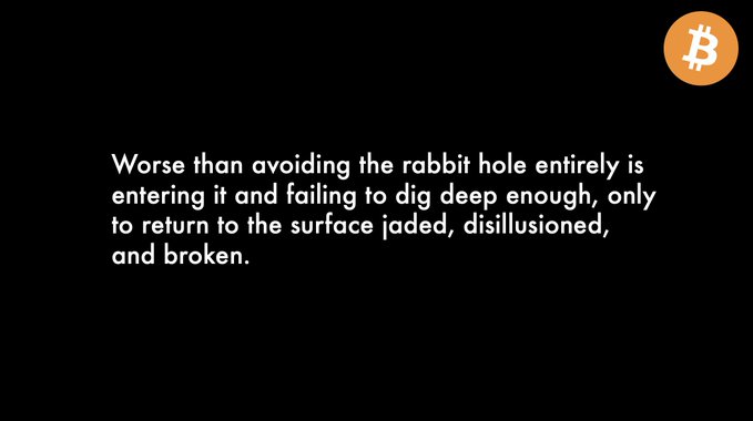 A black screen features a Bitcoin logo and the quote: 'Worse than avoiding the rabbit hole entirely is entering it and failing to dig deep enough, only to return to the surface jaded, disillusioned, and broken.'