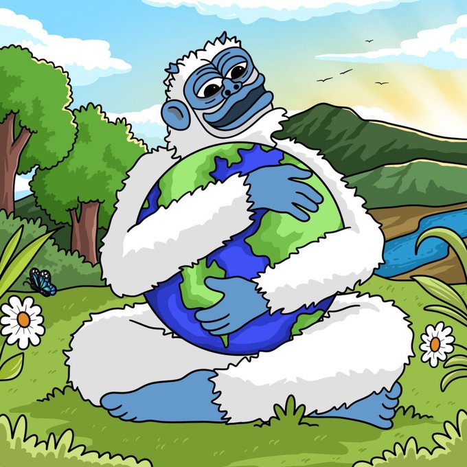 A colorful cartoon illustration shows a white, fluffy yeti-like creature with blue skin hugging the Earth in a lush green landscape. The scene includes trees, flowers, a butterfly, mountains, and a body of water under a sunny sky.