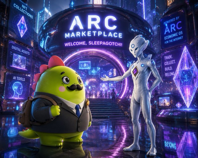 Futuristic sci-fi marketplace scene labeled 'ARC MARKETPLACE' with 'WELCOME, SLEEPAGOTCHI!', featuring a green dinosaur mascot in a suit with a backpack meeting a white robotic/alien figure, surrounded by neon signs for NFT Collections, Digital Assets, AI Tools, and Trade/Collect/Build/Belong.