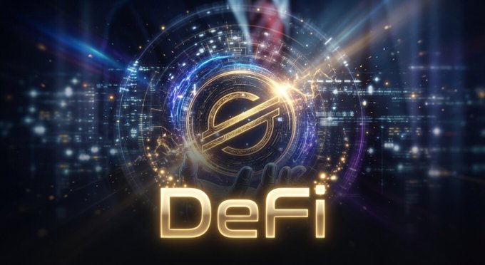 The image features a logo with the words "DEFI" written in large gold letters, surrounded by a blue circle filled with yellow lights. The background of the image is dark blue, with white lines and dots scattered throughout. The text on the image reads: "focus on what is in the image and how it relates to the post". This suggests that the image may be related to a discussion or analysis about the future of tokenized finance, as institutions are now looking for standards and regulations similar to those found in traditional financial markets.