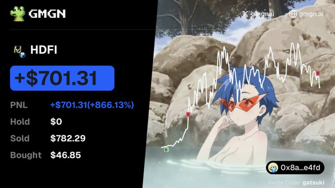 A GMGN dashboard showing a +$701.31 profit (+866.13%) on a token called HDFI, featuring an anime character in a hot spring with a price chart overlay.
