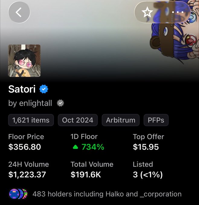 An NFT marketplace listing for the "Satori" collection by enlightall, showing 1,621 items, a floor price of $356.80, and 483 holders including Halko and _corporation.