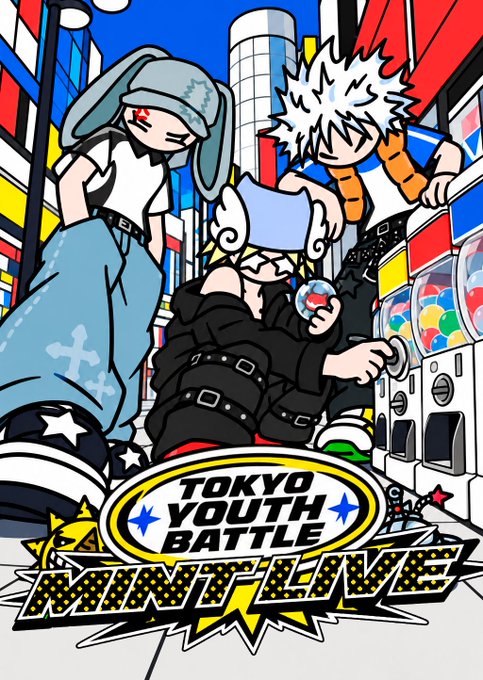 A colorful anime-style poster advertises 'TOKYO YOUTH BATTLE MINI-LIVE' with four stylized characters in urban streetwear standing in front of a vibrant city backdrop and gachapon machines.