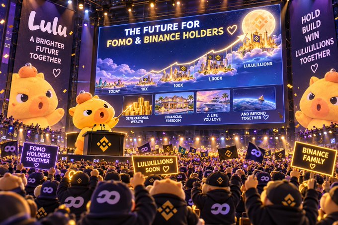 A promotional image for 'Lulu' featuring a teddy bear mascot, with text reading 'THE FUTURE FOR FOMO & BINANCE HOLDERS' and slogans like 'A BRIGHTER FUTURE TOGETHER' and 'HOLD BUILD WIN LULULILLIONS TOGETHER,' showing a large crowd holding Binance infinity symbols.