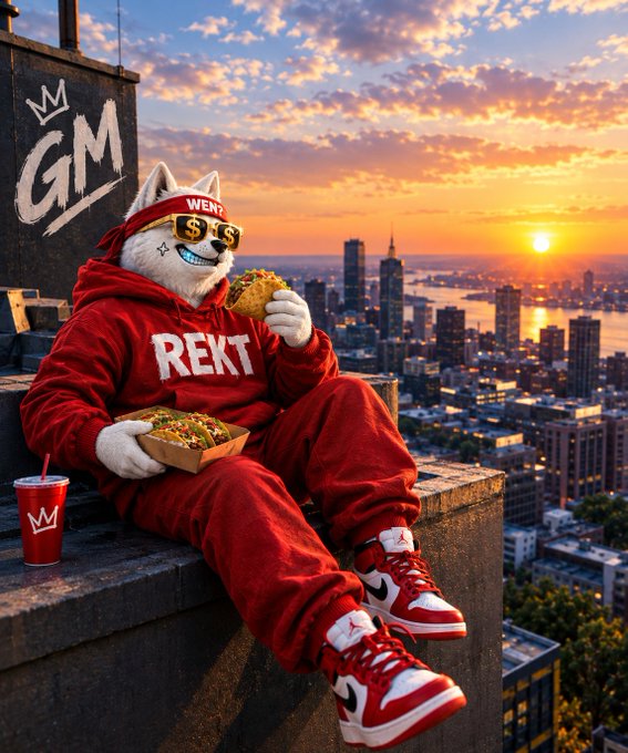 An anthropomorphic white wolf wearing a red 'REKT' tracksuit, 'WEN' headband, and sunglasses eats tacos on a rooftop overlooking a sunset cityscape, with 'GM' graffiti on the wall.