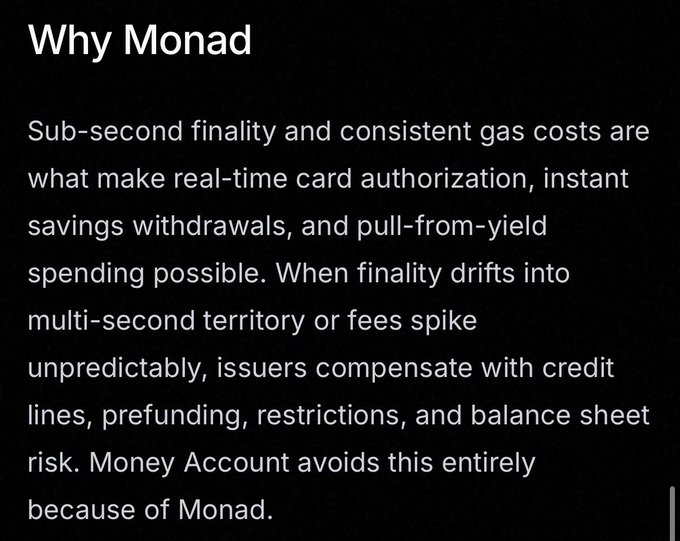 A text slide titled 'Why Monad' explaining how sub-second finality and consistent gas costs enable real-time card authorization and instant savings withdrawals, allowing Money Account to avoid credit lines and balance sheet risk.
