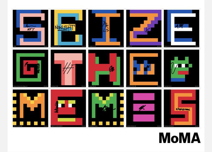A colorful pixel-art alphabet poster with the text "SO THE CHAME ME" and "MoMA" logo in the bottom right corner.