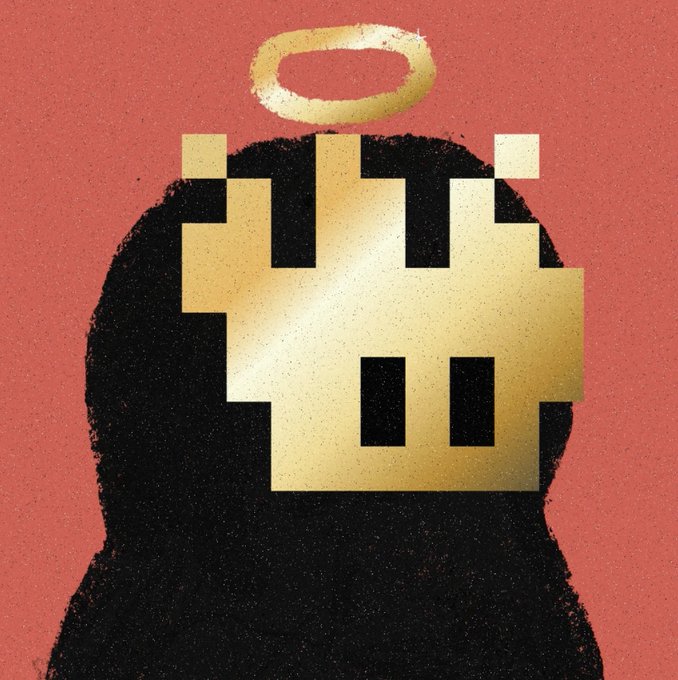 A stylized graphic illustration featuring a black silhouette against a reddish-orange background, with pixelated golden angel wings, a halo, and eyes creating an abstract angelic figure.