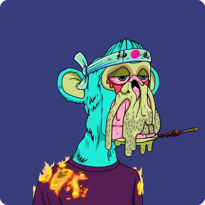 A cartoon illustration of a green Bored Ape-style monkey wearing a Japanese headband, a purple shirt with a flaming dollar sign, and holding a bloody weapon in its mouth.