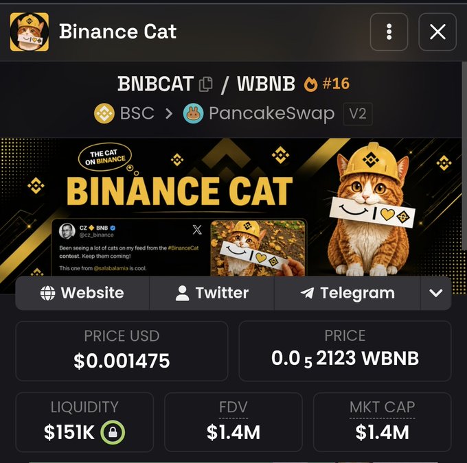 A screenshot of the 'Binance Cat' (BNBCAT/WBNB) token info page on PancakeSwap V2, showing a price of $0.001475, $1.4M market cap, and a meme cat wearing a Binance hat.