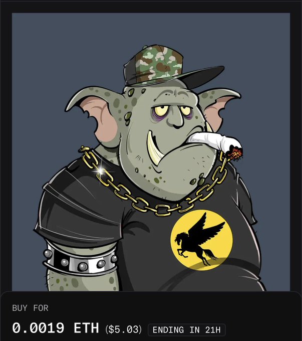 Cartoon goblin-like creature wearing a camouflage cap, smoking a cigarette, gold chain, and a black shirt with a griffin emblem; text reads 'BUY FOR 0.0019 ETH ($5.03) ENDING IN 21H'.