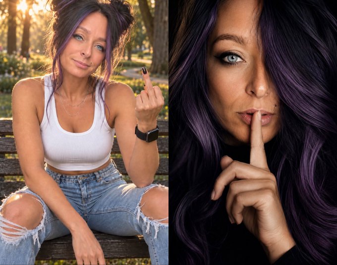 Two photos side by side of a woman with purple-streaked hair flipping off the camera and making a 'shush' gesture with her finger over her lips.