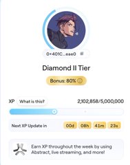 The image displays a mobile phone screen with several elements, including a cartoon character who appears to be an anime artist wearing glasses and a hat, along with text boxes providing information about a game. The game is titled "Diamond II Tier" and offers players a chance to win XP throughout the week by playing it. The player also has access to bonus rewards based on their performance.