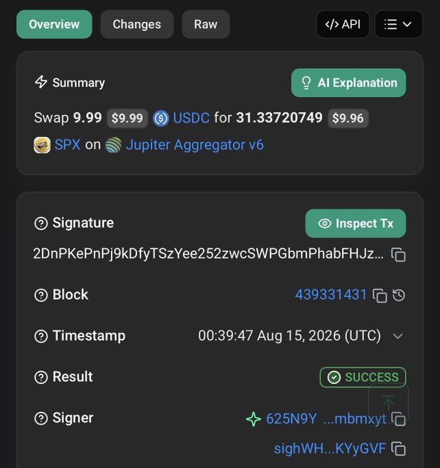 A blockchain transaction overview showing a swap of 9.99 USDC for 31.33720749 SPX on Jupiter Aggregator v6, with a successful result and block 439331431.