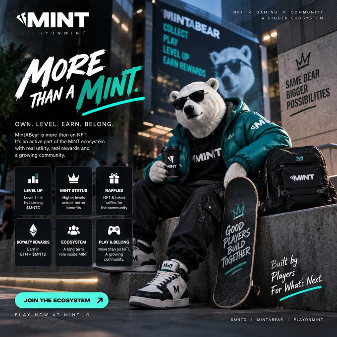 An advertisement for "MINT" and "MintABear" NFT ecosystem, featuring a polar bear mascot in sunglasses and a puffer jacket, with a "Job Board" listing roles like Design, Coding, and Research.