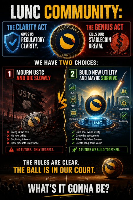 A promotional graphic for the LUNC (Terra Classic) community contrasting the Clarity Act (giving US regulatory clarity) with the Genius Act (killing the stablecoin dream), presenting two choices: mourn USTC and die slowly, or build new utility through DeFi, apps, payments, community, and governance to survive.