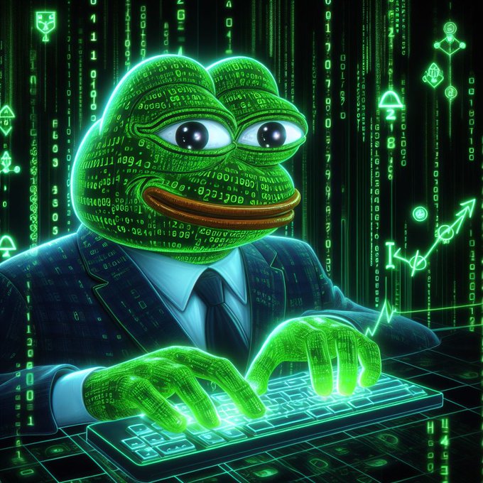 A digital artwork shows Pepe the Frog as a hacker in a suit typing on a glowing keyboard amid falling green code and financial charts.