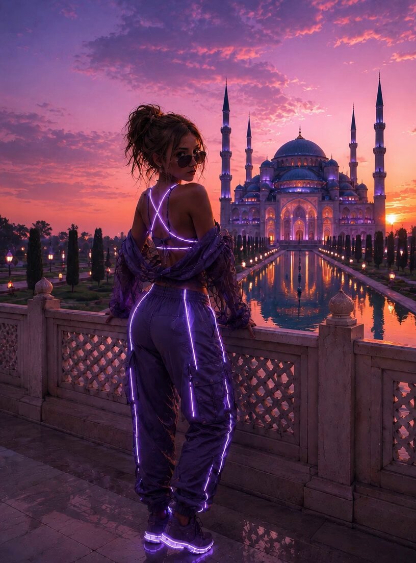The image features a woman standing next to a large mosque, wearing a purple outfit with neon green pants. The sky above them has a beautiful sunset, creating a serene atmosphere. The photo also includes text that reads "Good morning, frens Tuesday is in full swing. BTC keeps reminding everyone who'S boss, SOL refuses to slow down, and NFTs keep proving why they're one of my favorite corners of Web3. and.... @EarthMetaAi keeps building while the weekly 
it's over". The woman appears to be posing for a photo with her unique outfit against this picturesque backdrop.
