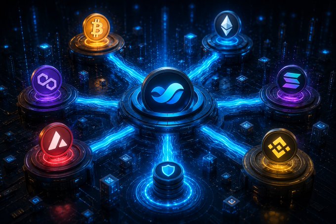 A digital artwork depicting various cryptocurrency logos, including Bitcoin, Ethereum, and others, connected by glowing blue energy streams on a dark technological background.